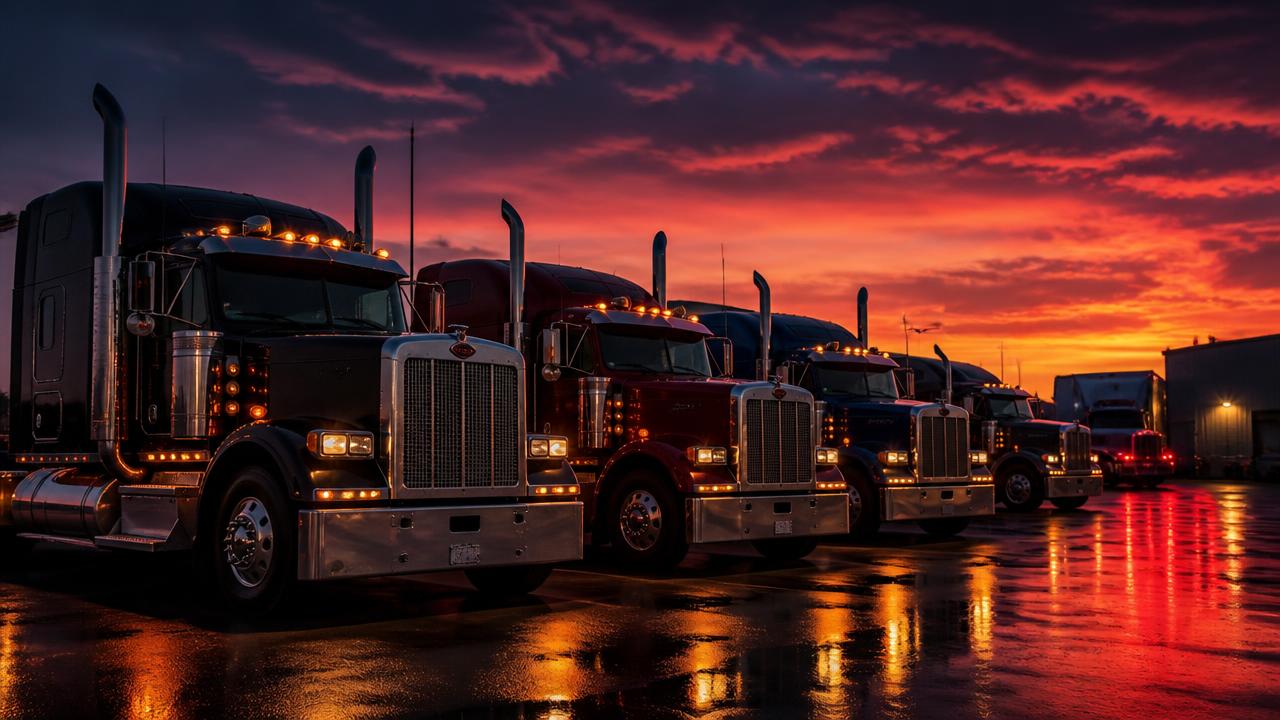 Fleet of modern semi trucks at logistics terminal